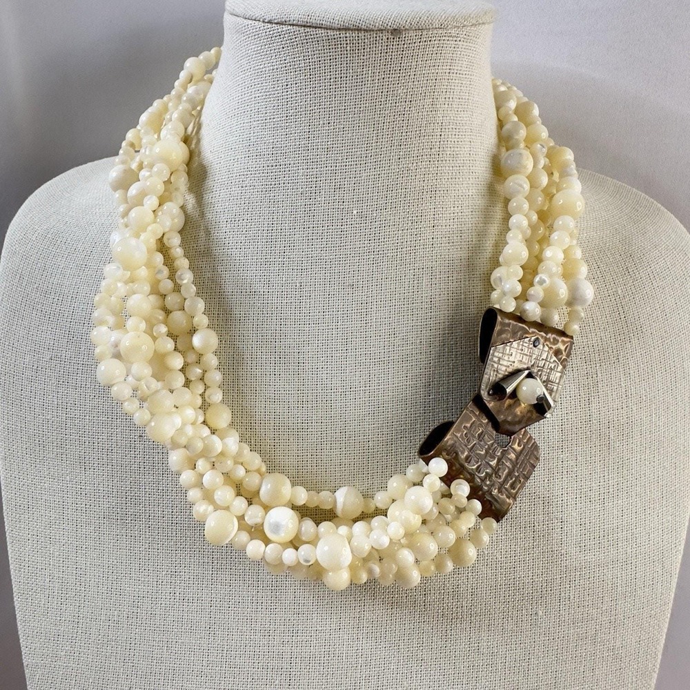 Charlene Biesele Necklace Mother of Pearl Bead & Repousse Brass 20" Handmade Art